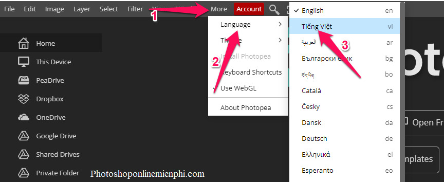 Cách chuyển photoshop online sang tiếng Việt
